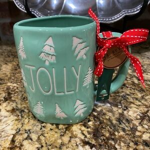Rae Dunn green JOLLY 19.5 oz mug - white embossed trees all over - BRAND NEW